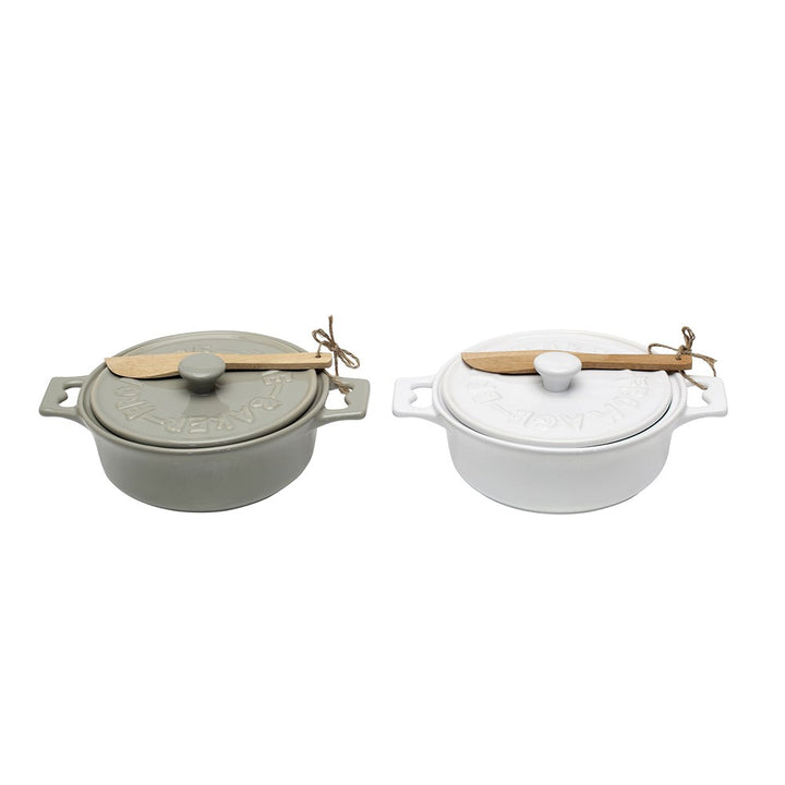 Images of two brie bakers with wooden knives on a white background. Realtor gifts. Housewarming gifts. Mercy Forest Co.