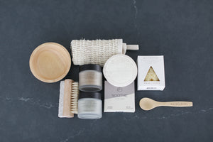 spa gift box, Comfort gift for those in need of self care, includes Nash and Jones clay mask, sea sponge and shower steamers. Gift is ready to ship in black woven basket with lid and ribbon. Mercy Forest Co. gifting. Custom curated gifts that are ready to ship and be delivered. 