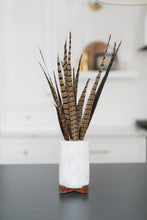 Load image into Gallery viewer, Marble vase with frogger and wood base with pheasant feathers inside. Vase sits on a soapstone countertop and in a beautiful classic white kitchen. 