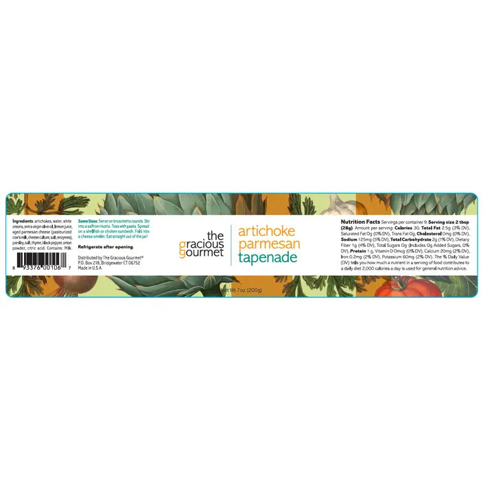 The gracious gourmet artichoke parmesan tapenade label for Mercy Forest Co.