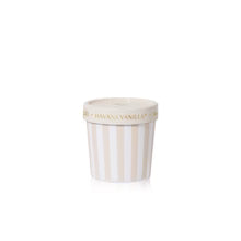 A single metal gelato candle container with a white and light beige vertical stripe pattern, shown on a clean white background.