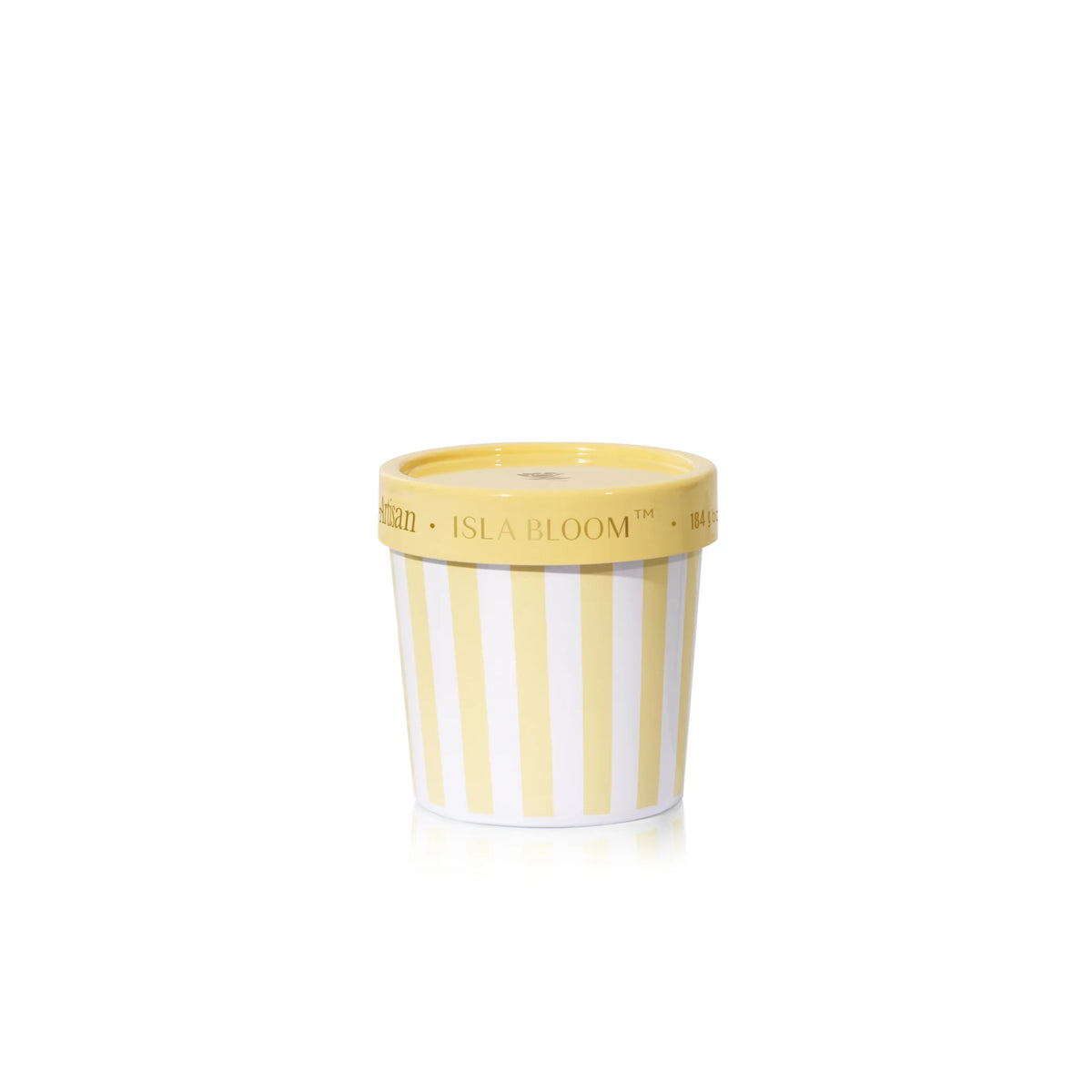 Yellow and white striped candle container with 'Isla Bloom' branding on a white background