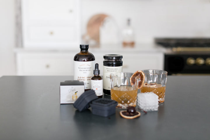 Beverage and products on a kitchen counter with a blurred background