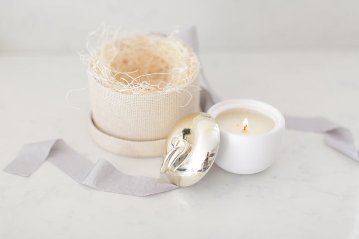 Apple candle with woven paper hat box. 