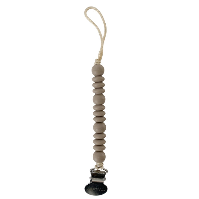 A gray binky clip with beads on a white background.