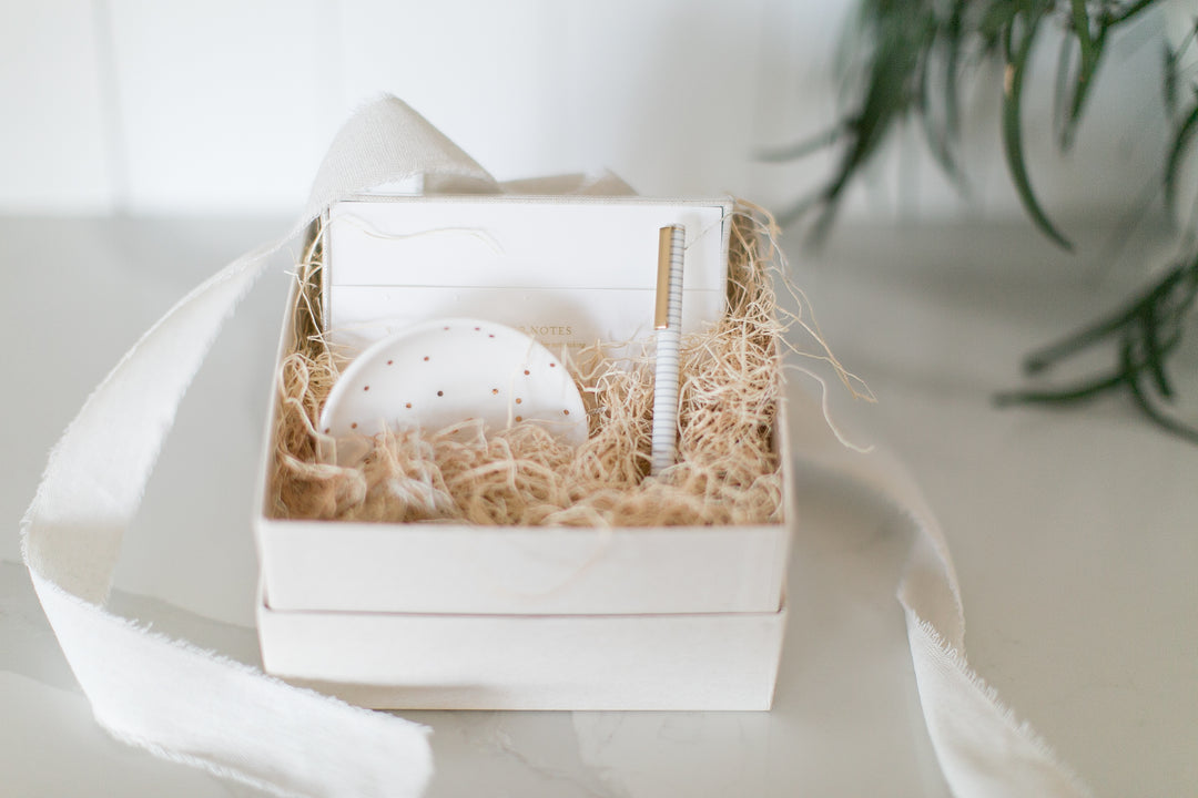 The Noting Nancy gift box from Mercy Forest Co. is perfect for colleagues, preferred vendors, advisors, friends moving away, or a simple 'im thinking of you' gift! Note pad, ceramic trinket dish and felt tip pen are all ready to ship in a simple and reusable gift box. 