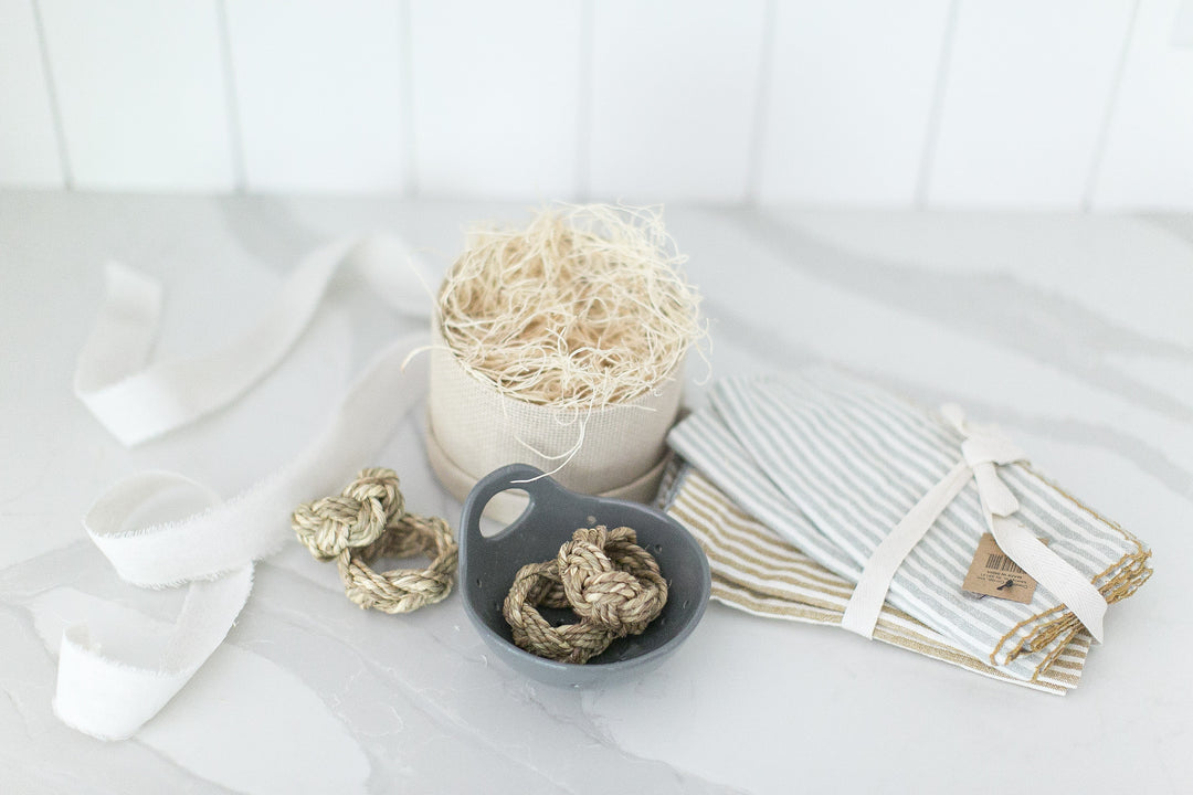 Gift box perfect for new home owners, real estate clients, client gifting, etc with berry bowl, cloth napkins and sisal napkin rings