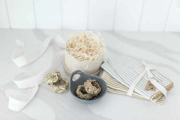 Gift box perfect for new home owners, real estate clients, client gifting, etc with berry bowl, cloth napkins and sisal napkin rings
