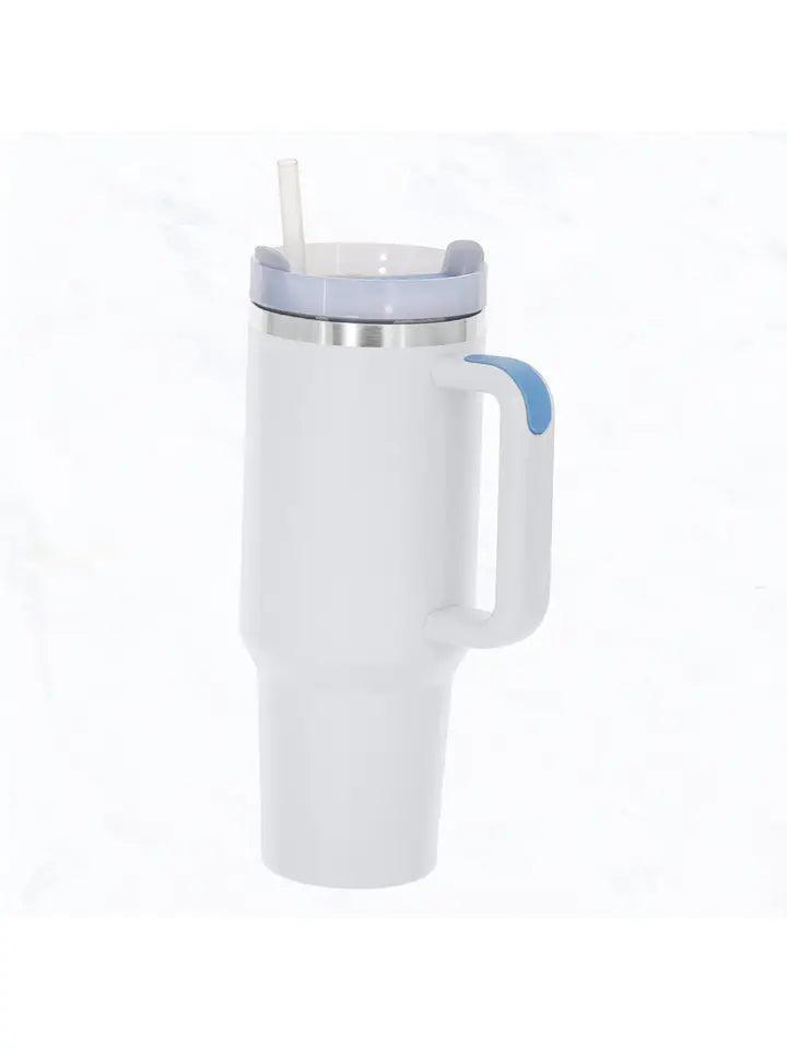 A 40oz insulated stainless steel tumbler with a handle and a straw.