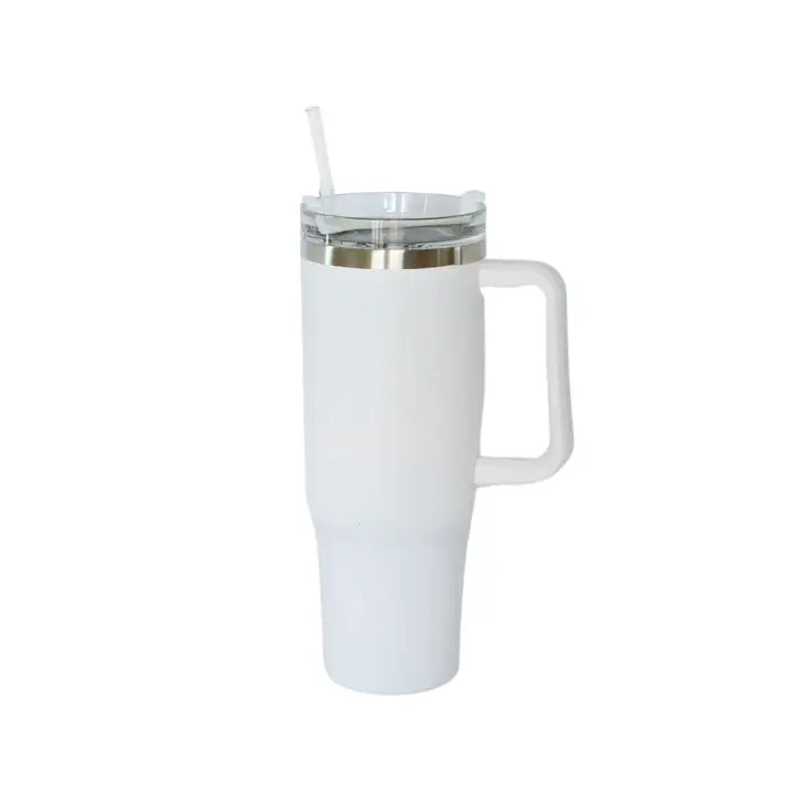 A white tumbler with a handle on a white background.