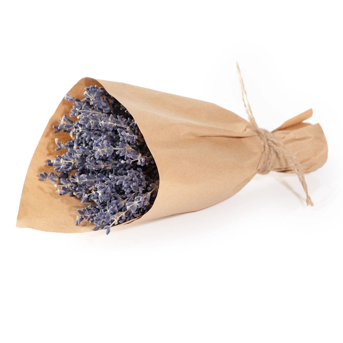 A small bouquet of dried lavender, wrapped in brown Kraft paper and tied with a jute rope.