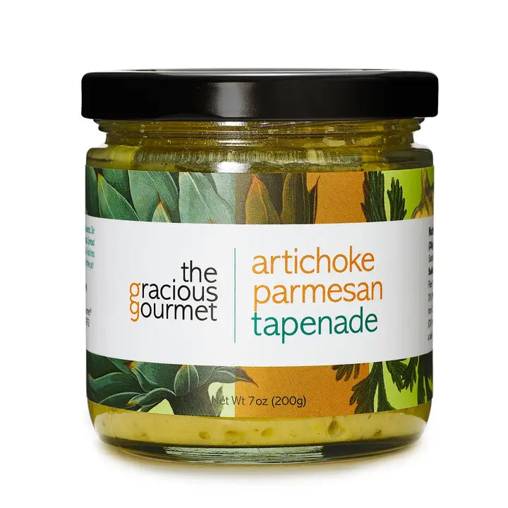 A jar of Gracious Gourmet Artichoke Parmesan Tapenade with a label showing the product name and a visual of artichokes.
