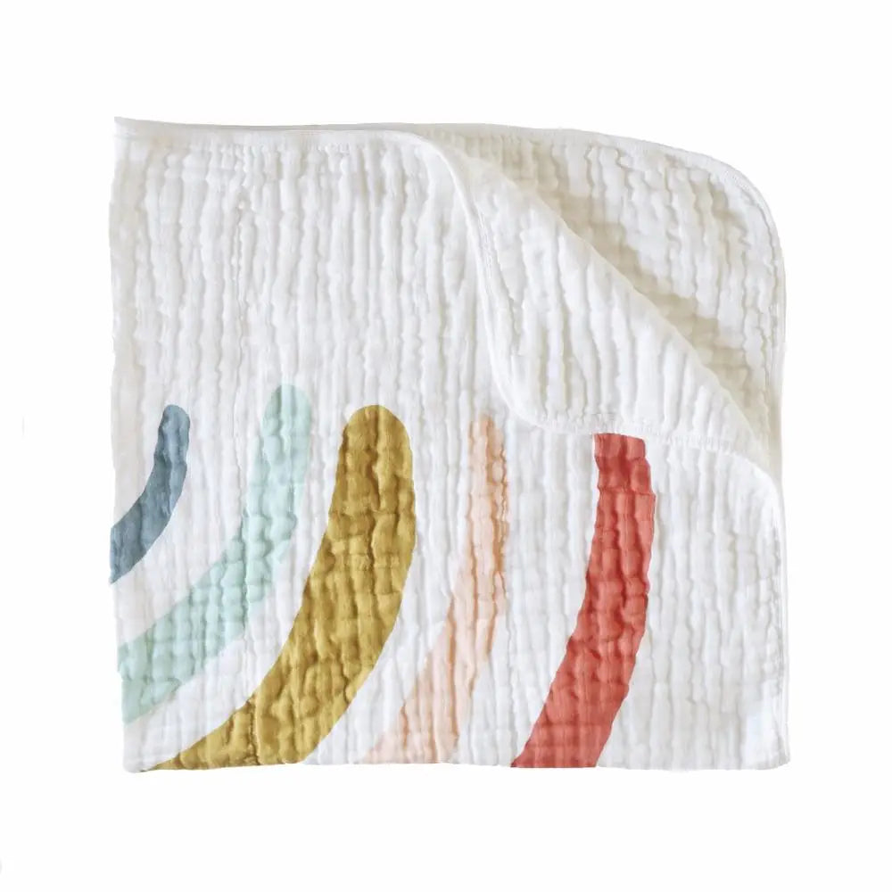 A white baby blanket with a rainbow pattern on it laying on a white background.