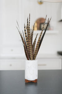 Marble vase with frogger and wood base with pheasant feathers inside. Vase sits on a soapstone countertop and in a beautiful classic white kitchen. 