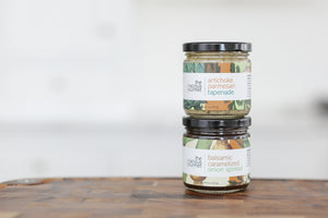 Complete your Mercy Forest Co. gift by adding on both of The Gracious Gourmet Balsamic Caramelized Onion spread and Artichoke Parmesan Tapenade!