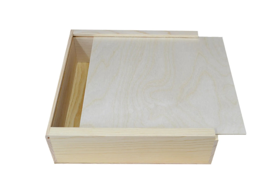A wooden box that is customizable by laser engraving on a white background.