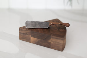 Walnut cutting block, forged knife, forged cheese knife, charcuterie gift box, ready to ship gifts with Mercy Forest Co., gifts for people who like to cook, kitchen helper gifts, client gifting, real estate gifting, woven gift box, seagrass gift box, Mercy Forest Co. , customized gifts, engraved gifts, ready to ship engraved gifts, personalized gifting, white kitchen, custom kitchen, shiplap kitchen, nickel gap kitchen