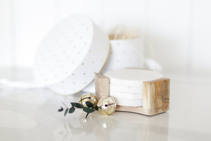Unique gifts that realtors can give to clients, Custom curated new homeowner gift boxes, white marble coasters with acacia wood holder, mercy forest co gifting, gifts that come in small boxes, ready to ship gifts, Personalized marble coasters, custom laser engraving, unique gift, client appreciation, employee gift, realtor gift, fast shipping, ready to ship in 2 days.