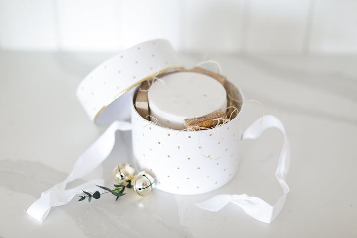 Unique realtor gift boxes for new homeowners, Unique gifts that realtors can give to clients, Custom curated new homeowner gift boxes, white marble coasters with acacia wood holder, mercy forest co gifting, gifts that come in small boxes, ready to ship gifts
