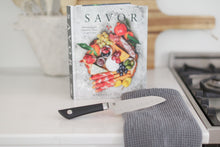 Load image into Gallery viewer, custom curated cooking gift box with custom knife, cookbook, and kitchen towel