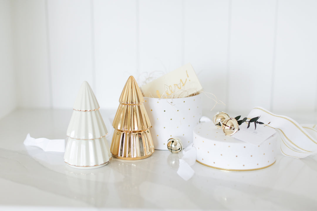 Mercy Forest Co. Carol gift box. Ready to ship white round box with gold dots. Gold Candle or Mint and gold. Holiday Gifting that is ready to ship. 