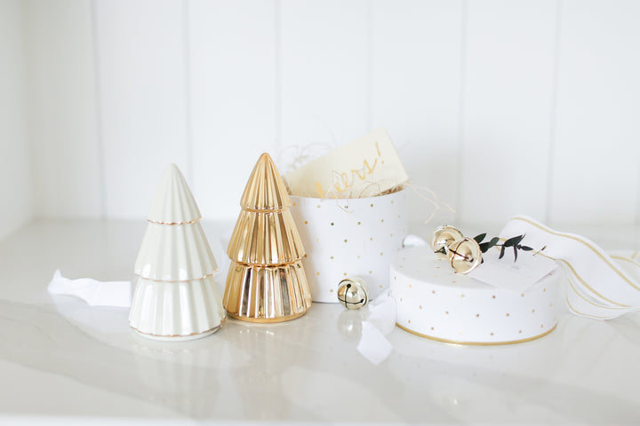 Mercy Forest Co. Carol gift box. Ready to ship white round box with gold dots. Gold Candle or Mint and gold. Holiday Gifting that is ready to ship. 