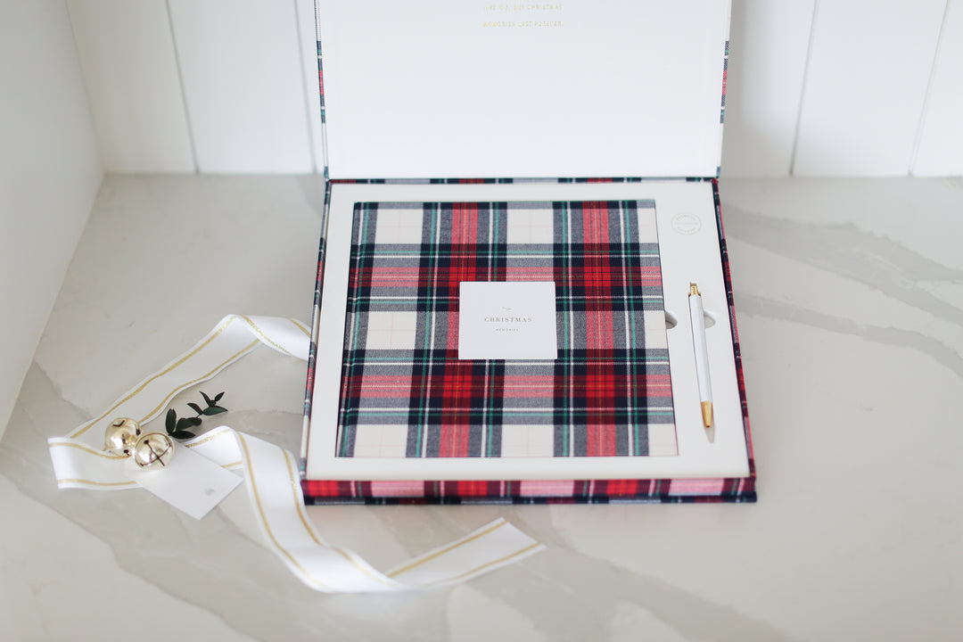 Custom curated holiday gift box with plaid promptly journal