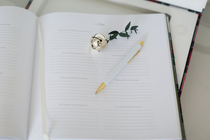 Custom curated holiday gift box with plaid promptly journal