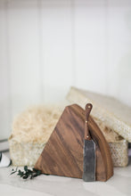 Load image into Gallery viewer, Walnut cutting block, forged knife, forged cheese knife, charcuterie gift box, ready to ship gifts with Mercy Forest Co., gifts for people who like to cook, kitchen helper gifts, client gifting, real estate gifting, woven gift box, seagrass gift box, Mercy Forest Co. , customized gifts, engraved gifts, ready to ship engraved gifts, personalized gifting