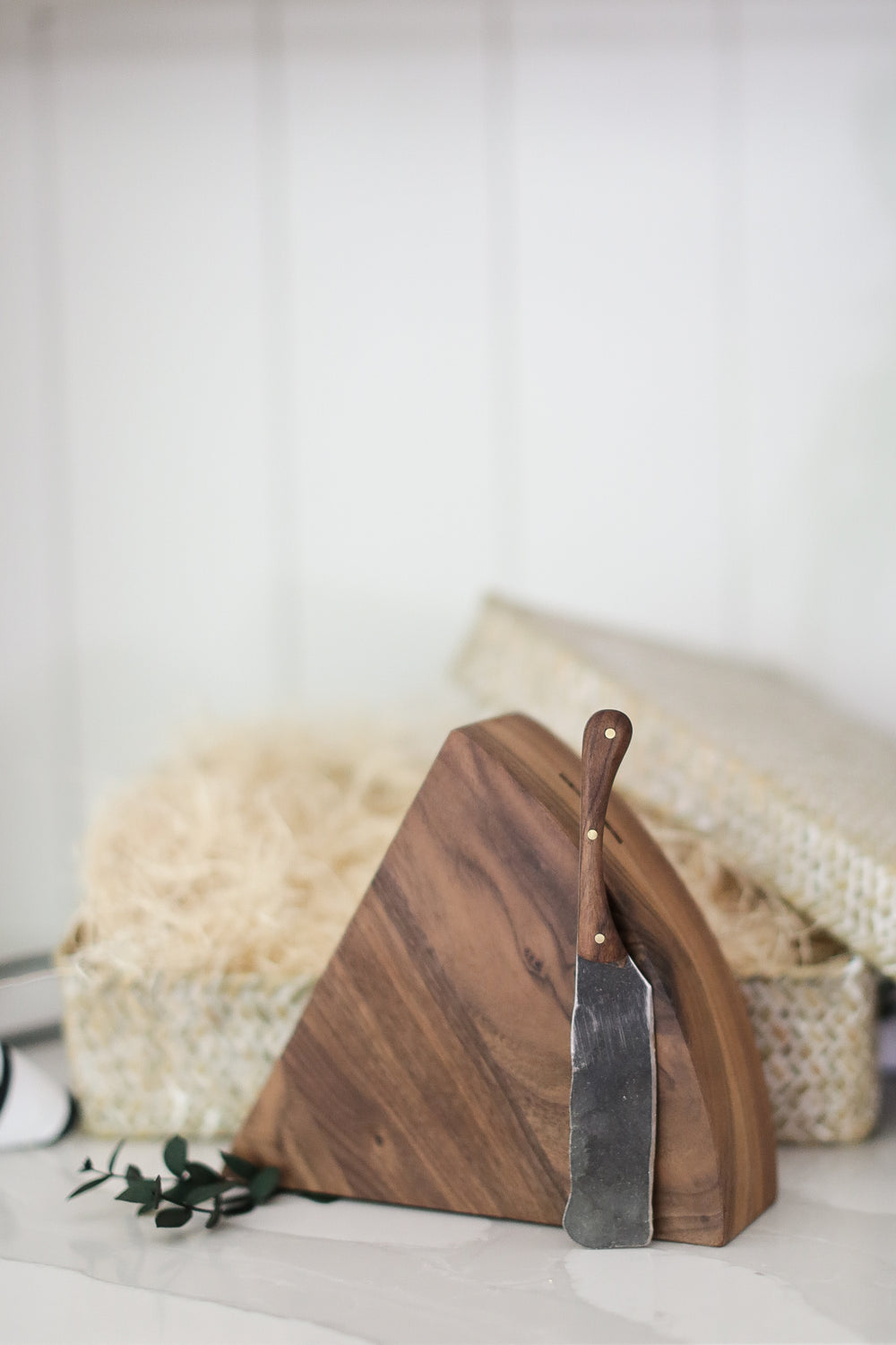 Walnut cutting block, forged knife, forged cheese knife, charcuterie gift box, ready to ship gifts with Mercy Forest Co., gifts for people who like to cook, kitchen helper gifts, client gifting, real estate gifting, woven gift box, seagrass gift box, Mercy Forest Co. , customized gifts, engraved gifts, ready to ship engraved gifts, personalized gifting