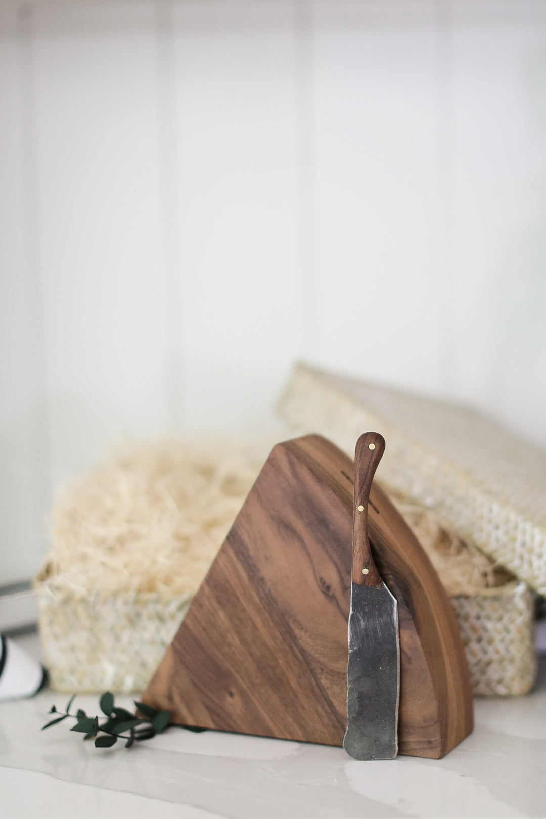 Walnut cutting block, forged knife, forged cheese knife, charcuterie gift box, ready to ship gifts with Mercy Forest Co., gifts for people who like to cook, kitchen helper gifts, client gifting, real estate gifting, woven gift box, seagrass gift box, Mercy Forest Co. , customized gifts, engraved gifts, ready to ship engraved gifts, personalized gifting
