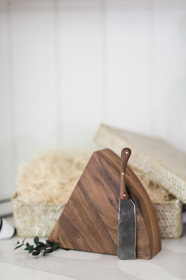 Walnut cutting block, forged knife, forged cheese knife, charcuterie gift box, ready to ship gifts with Mercy Forest Co., gifts for people who like to cook, kitchen helper gifts, client gifting, real estate gifting, woven gift box, seagrass gift box, Mercy Forest Co. , customized gifts, engraved gifts, ready to ship engraved gifts, personalized gifting