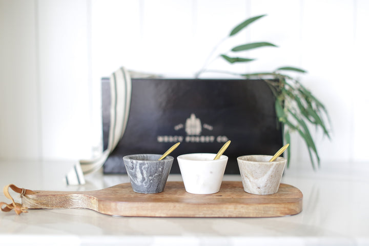 Gift box, marble bowls with brass spoon, condiment bowls, wood board, personalized gifting, engraved wood board, charcuterie board, engraved charcuterie board, client gifting, client gifting ideas