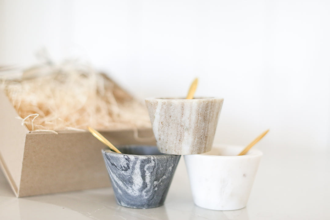 Gift box, marble bowls with brass spoon, condiment bowls, wood board, personalized gifting, engraved wood board, charcuterie board, engraved charcuterie board, client gifting, client gifting ideas